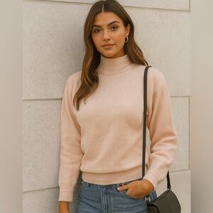 Vintage 80s Lambswool Angora Luxe Knit Sweater Pink Shoulder Pads Mock Neck, M